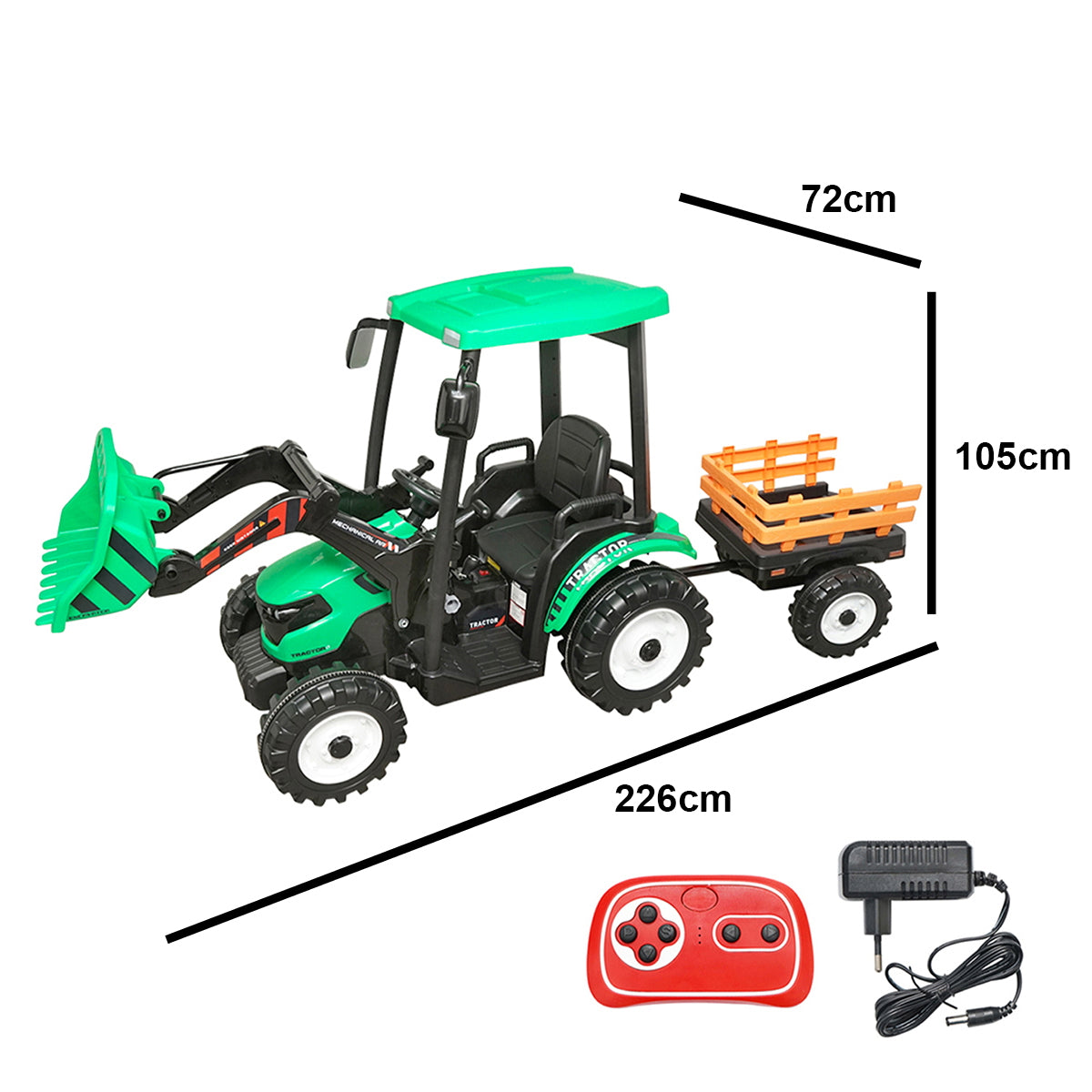 Electric trailer tractor for kids with a 12V/10Ah battery and remote control JS3158B green with a leather seat.